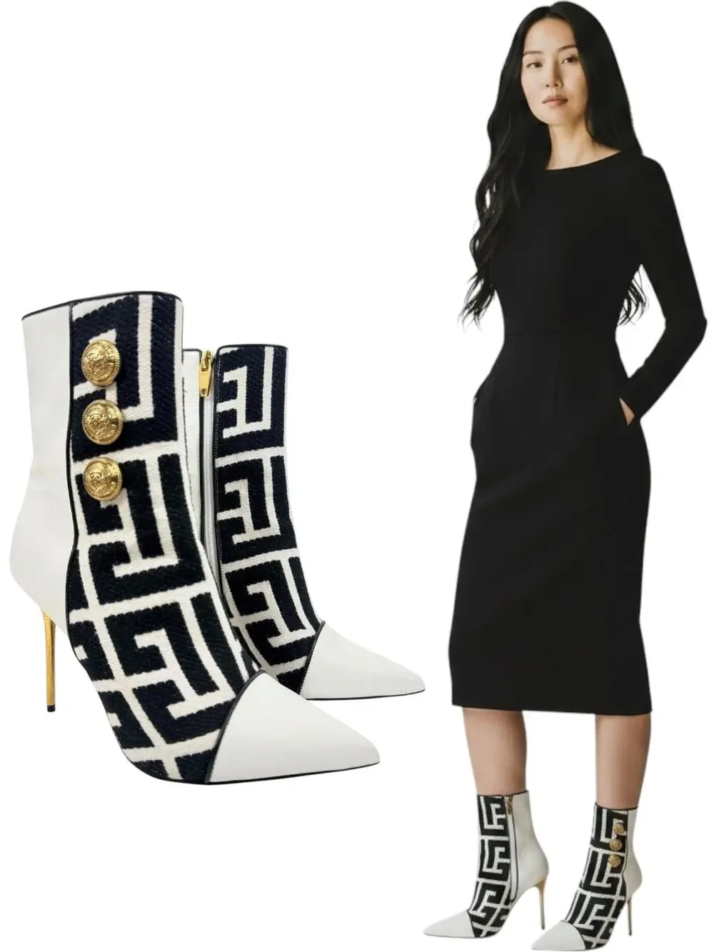 Balmain Roni Monogram Jacquard Leather Ankle Booties White Size 37.5